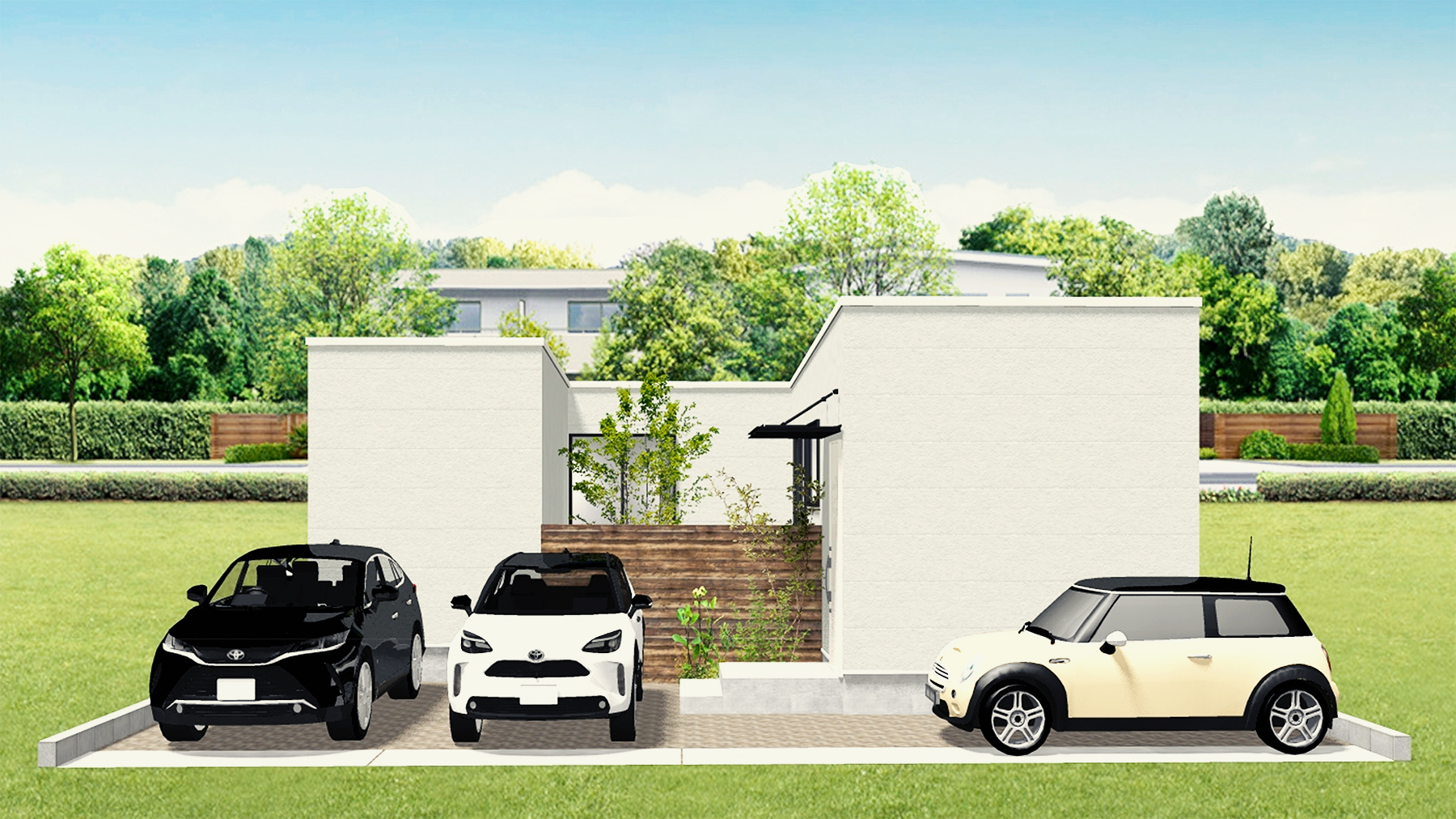 平屋新商品リリース『HILLA -ヒラ-』販売開始06　外観正面デザイン　浜松市／注文住宅／住宅会社／工務店／ロージーライフ／新築／デザイン住宅／リフォーム／リノベーション／高性能住宅／SE構法／高耐震／高気密高断熱／地震に強い／お洒落な家／平屋／中庭／コの字型の家／L字型の家／コートハウス／プライバシー設計／セカンドリビング／敷地50坪の平屋