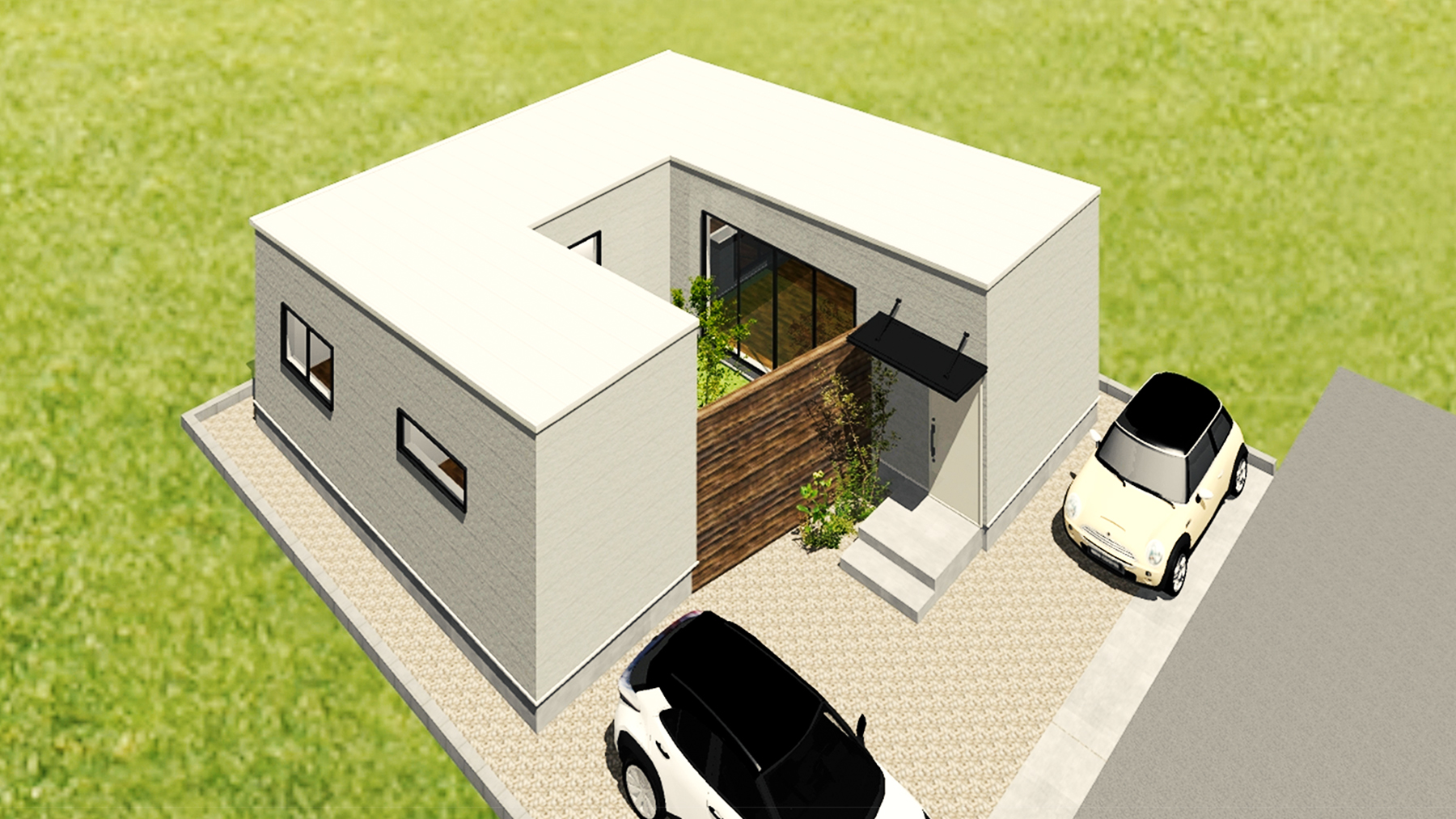 平屋新商品リリース『HILLA -ヒラ-』販売開始03　外観俯瞰図　浜松市／注文住宅／住宅会社／工務店／ロージーライフ／新築／デザイン住宅／リフォーム／リノベーション／高性能住宅／SE構法／高耐震／高気密高断熱／地震に強い／お洒落な家／平屋／中庭／コの字型の家／L字型の家／コートハウス／プライバシー設計／セカンドリビング／敷地50坪の平屋