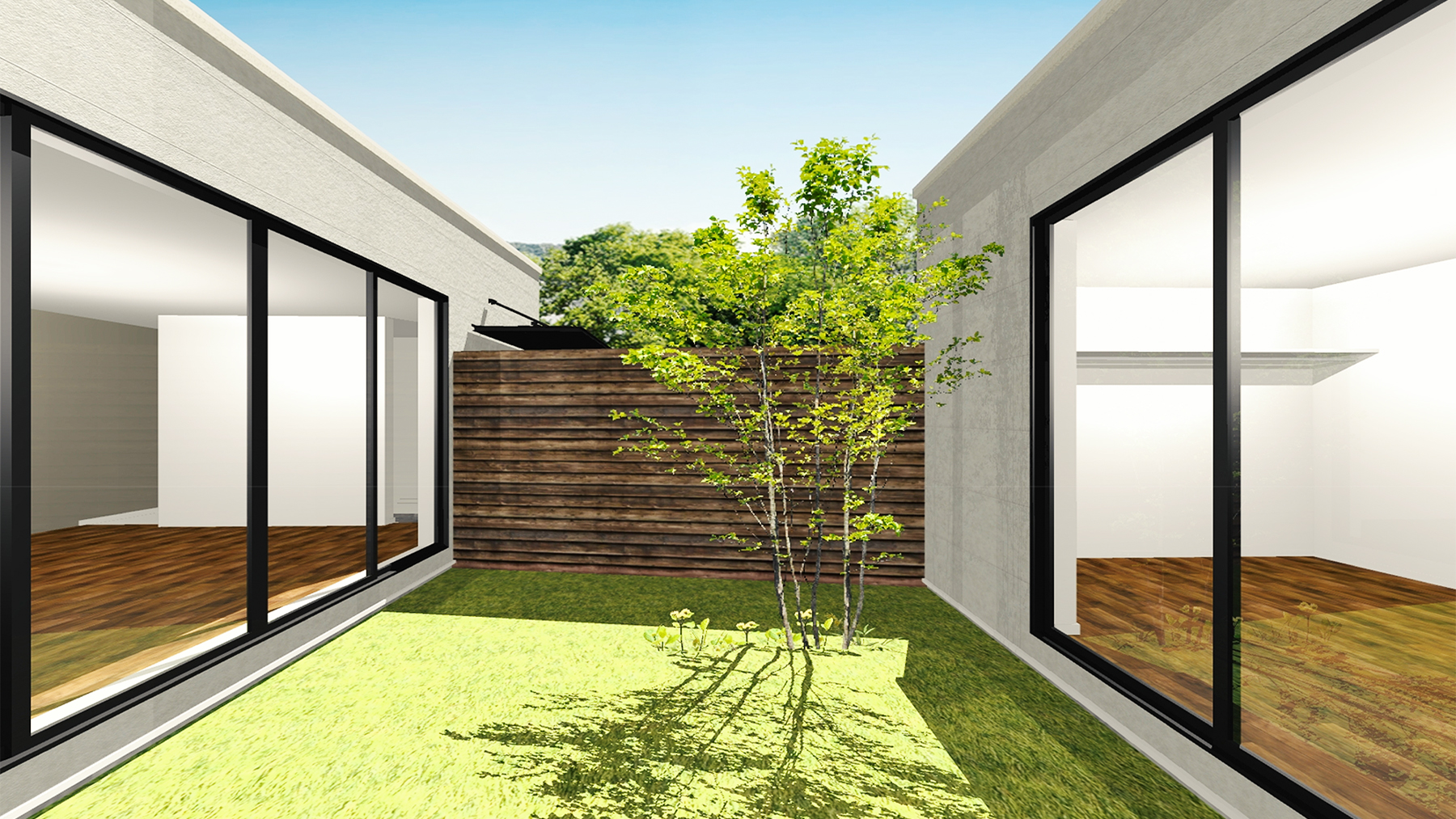 平屋新商品リリース『HILLA -ヒラ-』販売開始04　中庭　外観　浜松市／注文住宅／住宅会社／工務店／ロージーライフ／新築／デザイン住宅／リフォーム／リノベーション／高性能住宅／SE構法／高耐震／高気密高断熱／地震に強い／お洒落な家／平屋／中庭／コの字型の家／L字型の家／コートハウス／プライバシー設計／セカンドリビング／敷地50坪の平屋