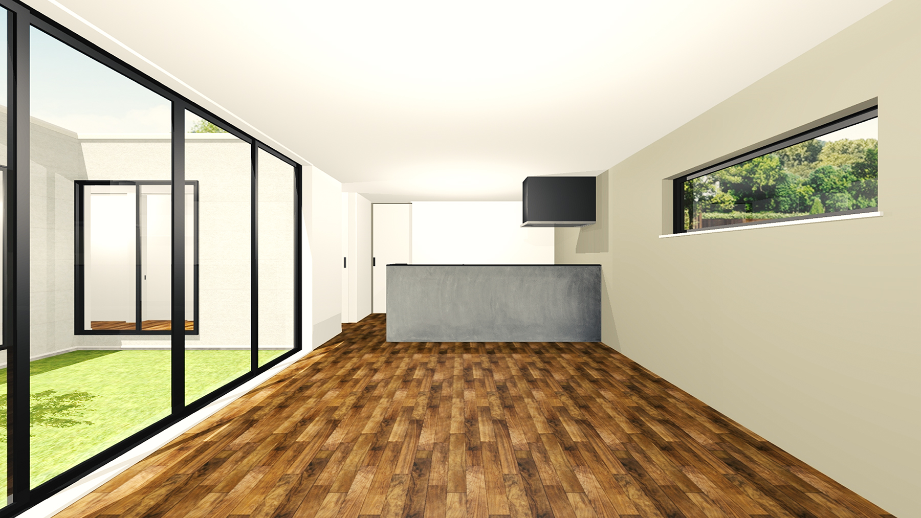 平屋新商品リリース『HILLA -ヒラ-』販売開始05　内観／LDK　中庭　外観　浜松市／注文住宅／住宅会社／工務店／ロージーライフ／新築／デザイン住宅／リフォーム／リノベーション／高性能住宅／SE構法／高耐震／高気密高断熱／地震に強い／お洒落な家／平屋／中庭／コの字型の家／L字型の家／コートハウス／プライバシー設計／セカンドリビング／敷地50坪の平屋